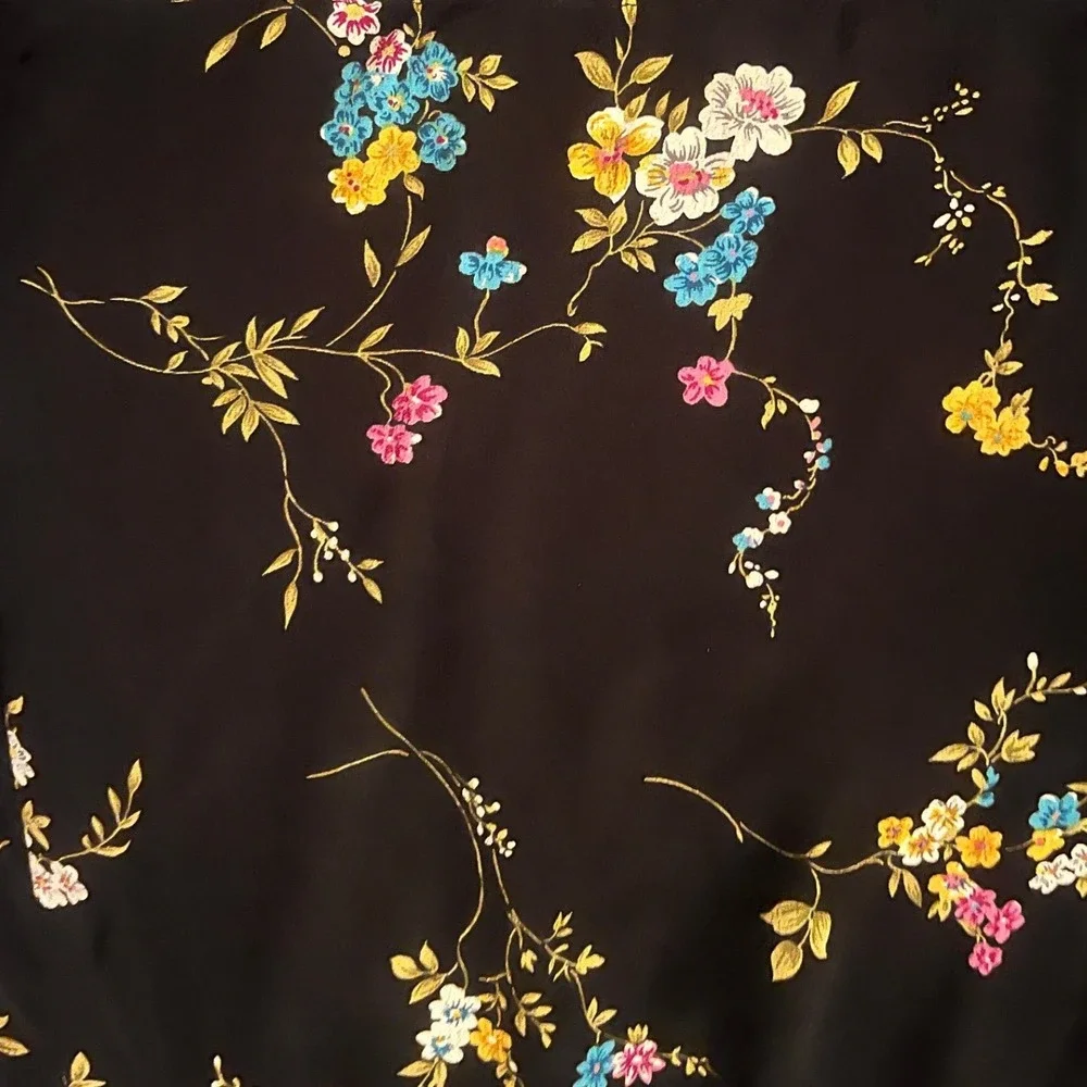 Vintage 90s Black Floral Elastic Maxi Skirt Boho Sprig Print Sz M Western Prarie